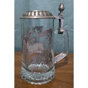 VTG German Elk Etched Clear Glass Beer Stein Mug Tankard Hinged Pewter Lid